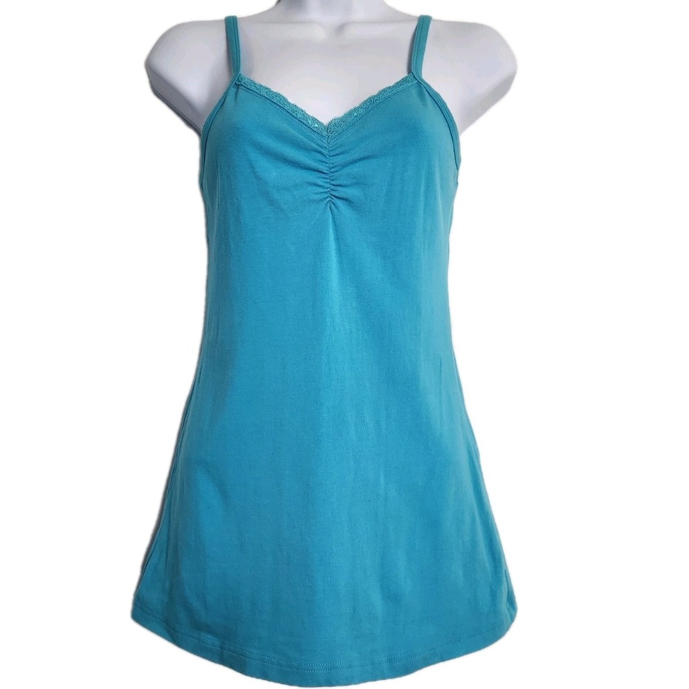 BKE Y2K Aqua Blue Lace Trim Cami Tank Top Womens Med Ruched Coquette Fairycore